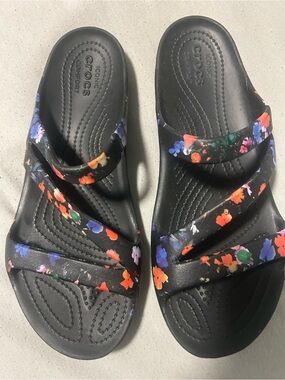 CROCS Black Floral Strappy Slide Sandals with Multicolor Accents